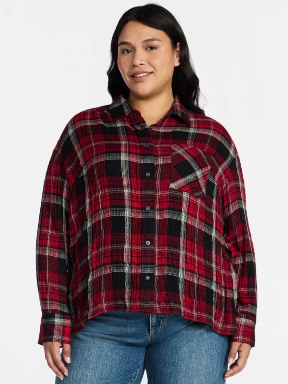 Terra & Sky Rose Dusk Textured Plaid Button Down Curved Shirttail Blouse